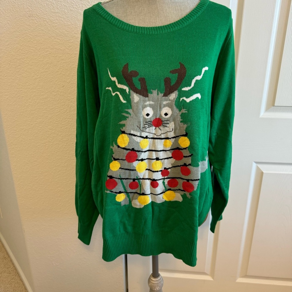 TIPSY ELVES Mens XL Christmas sweater with cat and Christmas lights. Used once.